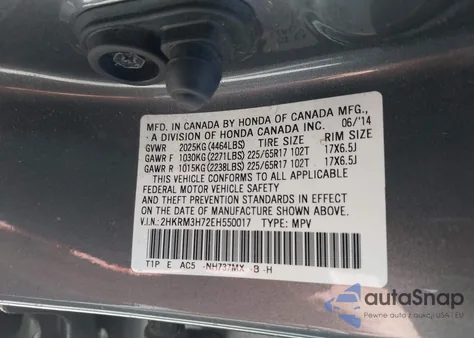 2014 Honda Cr-V Ex-L z USA, uszkodzony, nr VIN 2HKRM3H72EH550017